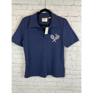 ANTHROPOLOGIE MAEVE Newport polo top knit cotton blue T-shirt size M NWT